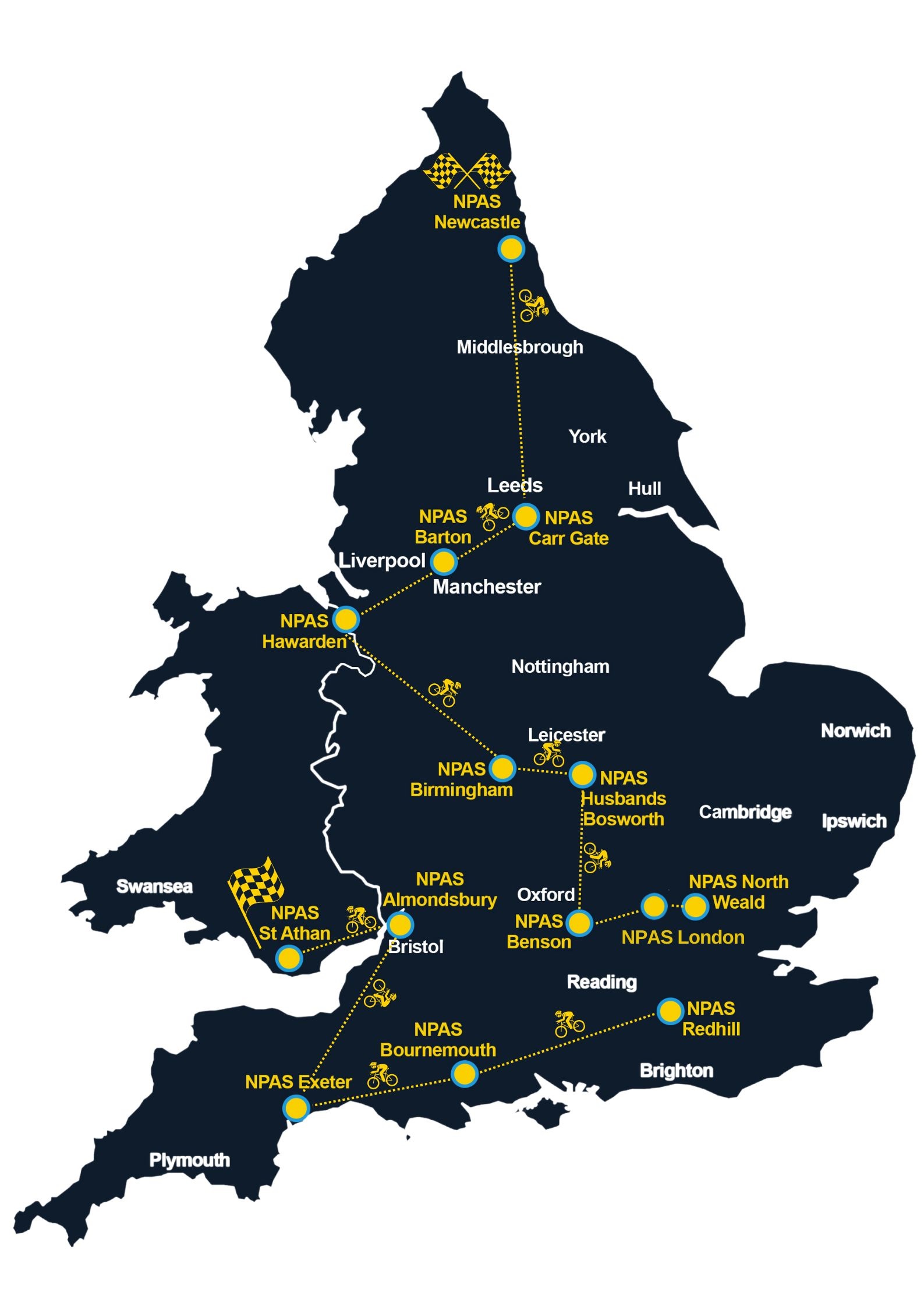 Map of England and Wales showing cycle route from Newcastle to Saint Athan